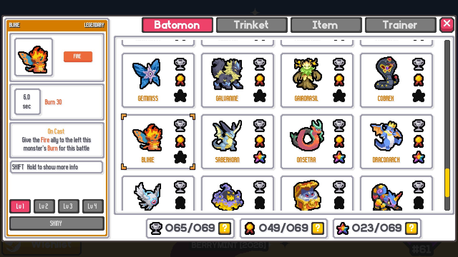 The Batopedia inspect panel: the Legendary Fire monster Blixie selected at Lv 1 showing a 6.0 second cooldown and Burn 30, with level selector buttons Lv 1 through Lv 4 below and its On Cast ability text alongside