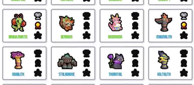 The Batopedia collection grid mid-pan in the official Level up your Batomon store loop: Brawlmantis, Berroon, Boomagon and Magmalith on the upper visible row, Noxalith, Stalagrove, Thorntail and Voltalith below, each card carrying three achievement-sticker slots