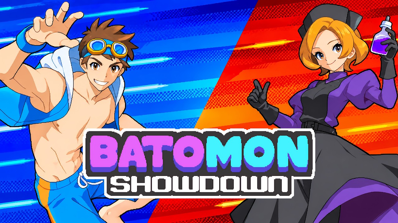 Thumbnail of the Adeptless Android gameplay video: Batomon Showdown key art with a goggled trainer in blue on the left, a purple-clad trainer holding a potion on the right, and the game logo across the middle