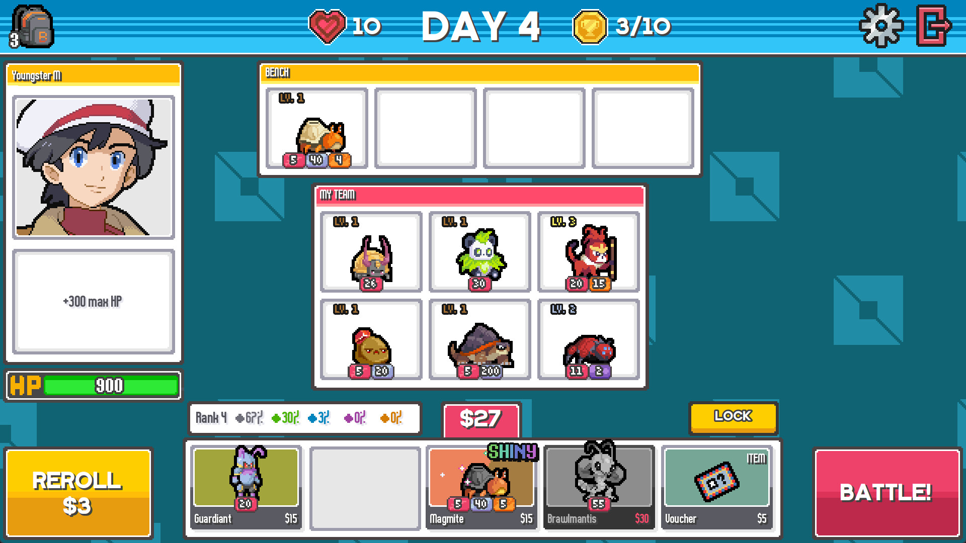 A day 4 shop screen: team slots tagged Lv. 1 through Lv. 3, a Rank 4 odds bar reading 67/30/3/0/0 percent, a REROLL $3 button and a LOCK button flanking the shelf
